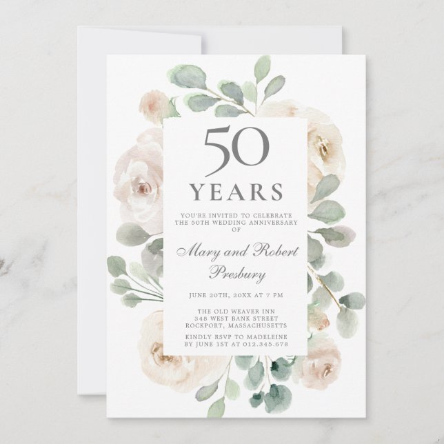 Invitation 50e anniversaire du Mariage Rose blanche Floral (Devant)