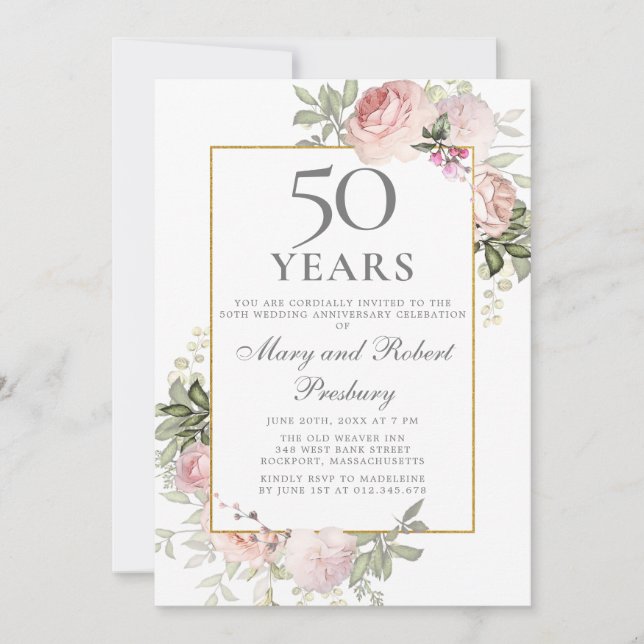 Invitation 50e anniversaire du Mariage Rose florale (Devant)