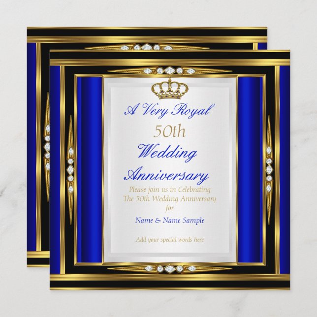 Invitation 50e anniversaire du Mariage Royal Blue Gold Crown  (Devant / Derrière)