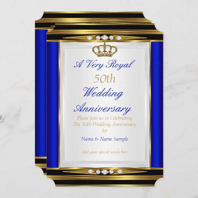 Invitation 50e anniversaire du Mariage Royal Blue Gold Crown  (Devant / Derrière)