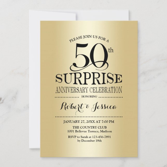 Invitation 50e anniversaire du Mariage surprise - Or (Devant)