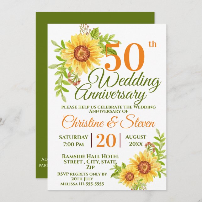 Invitation 50e anniversaire du Mariage Tournesol floral (Devant / Derrière)