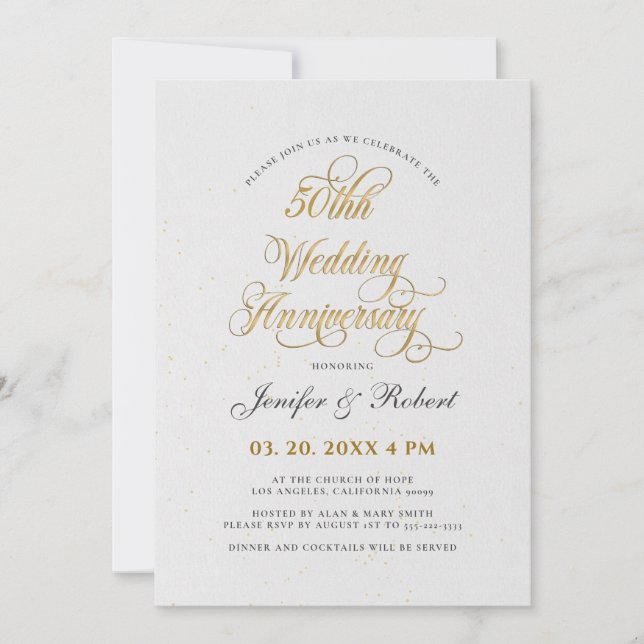 Invitation 50e anniversaire du Mariage Typographie de l'or (Devant)