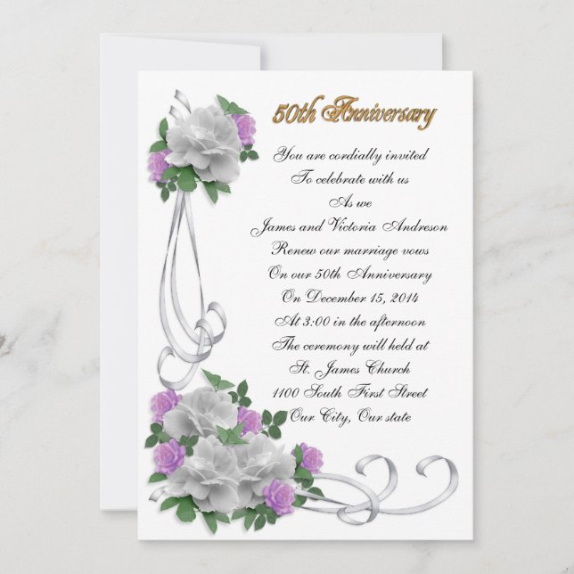 Invitation 50e anniversaire du Mariage vow renouveau Roses bl (Devant)