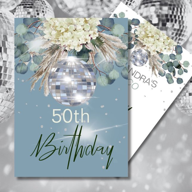Invitation 50e anniversaire Dusty Blue Floral Disco Ball (Créateur téléchargé)
