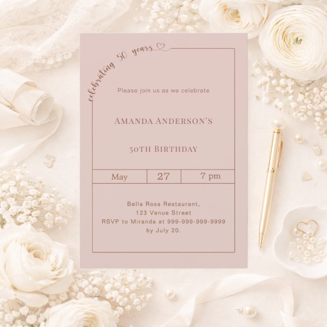 Invitation 50e anniversaire dusty blush rose simple moderne (Créateur téléchargé)