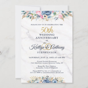 Invitation 50e Anniversaire Élégant Floral Or Bleu Marine
