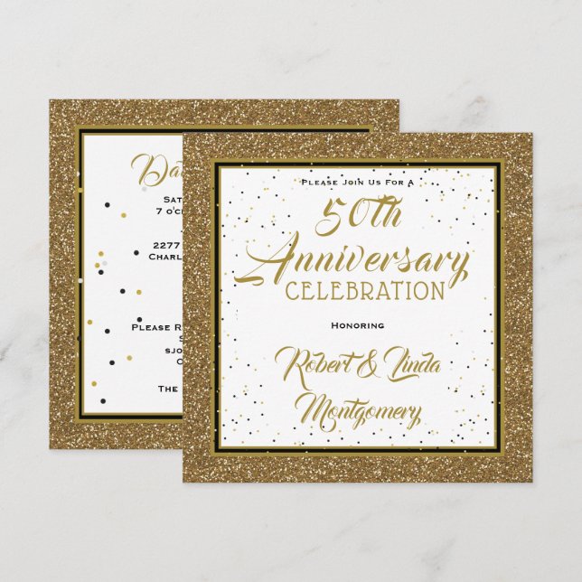 Invitation 50e Anniversaire Élégant Or (Devant / Derrière)