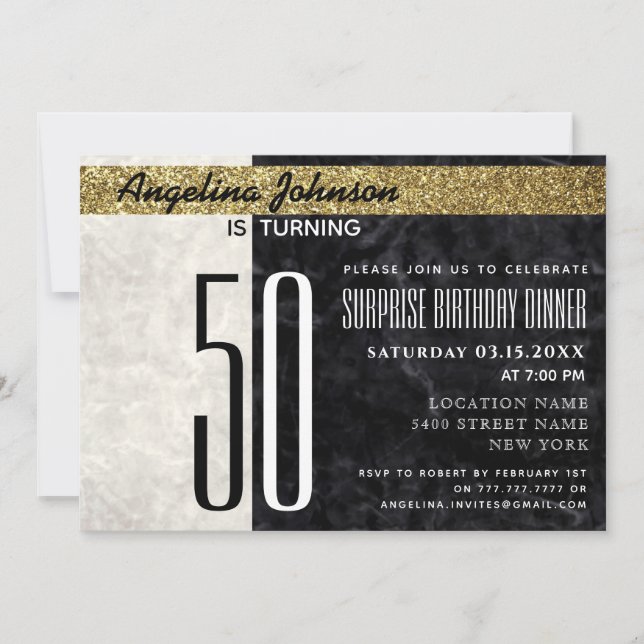 Invitation 50e Anniversaire Élégant Or Noir et Blanc Marbre (Devant)