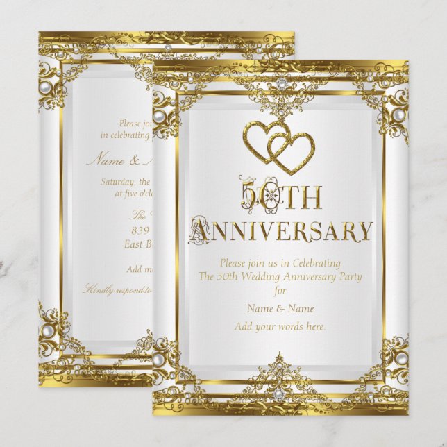 Invitation 50e Anniversaire Élégant Or Perle Blanche (Devant / Derrière)
