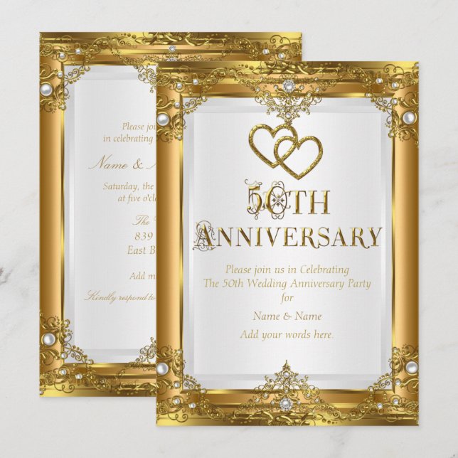 Invitation 50e Anniversaire Élégant Or Perle Blanche Doré (Devant / Derrière)