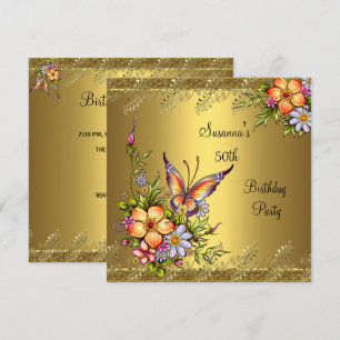 Invitation 50e Anniversaire Elégant Or Rose Jaune Fleurs