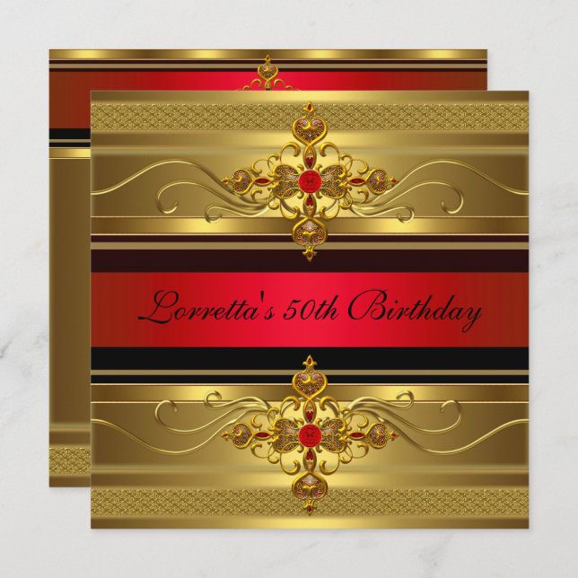 Invitation 50e anniversaire Elegant or Rouge Diamant Bijou (Devant / Derrière)