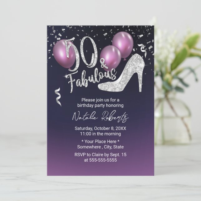 Invitation 50e anniversaire Elégant violet Fabuleux 50 (Debout devant)