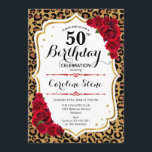 Invitation 50e anniversaire - Empreinte de léopard d'or rouge<br><div class="desc">Invitation du 50e anniversaire. Elégant design rouge blanc avec de l'or de parties scintillant imitation. Comprend un poster de animal de guépard léopard, des caractères de script et des roses. Parfait pour une soirée d'anniversaire élégante. Peut être personnalisé dans n'importe quelle année! Message-moi si vous avez besoin d'une personnalisation plus...</div>