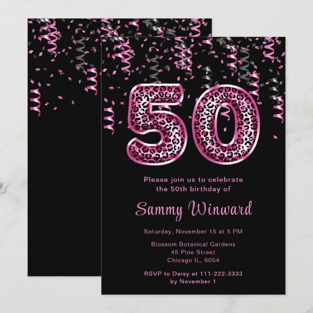 Invitation 50e anniversaire Empreintes de léopard ballons ave (Devant / Derrière)