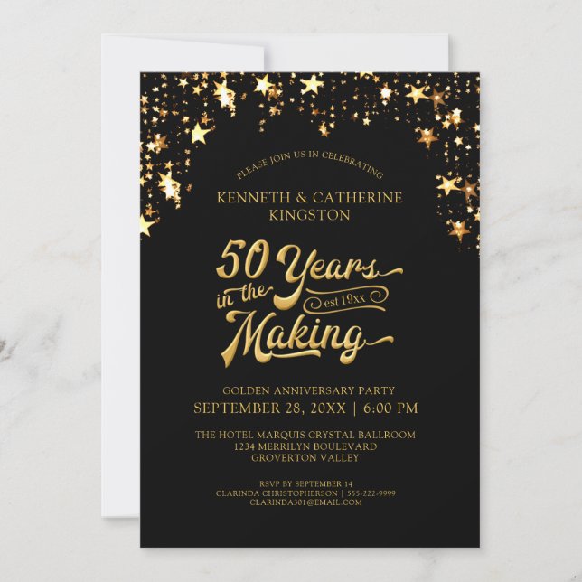 Invitation 50e Anniversaire Étoiles Noir & Or 50 ANS (Devant)