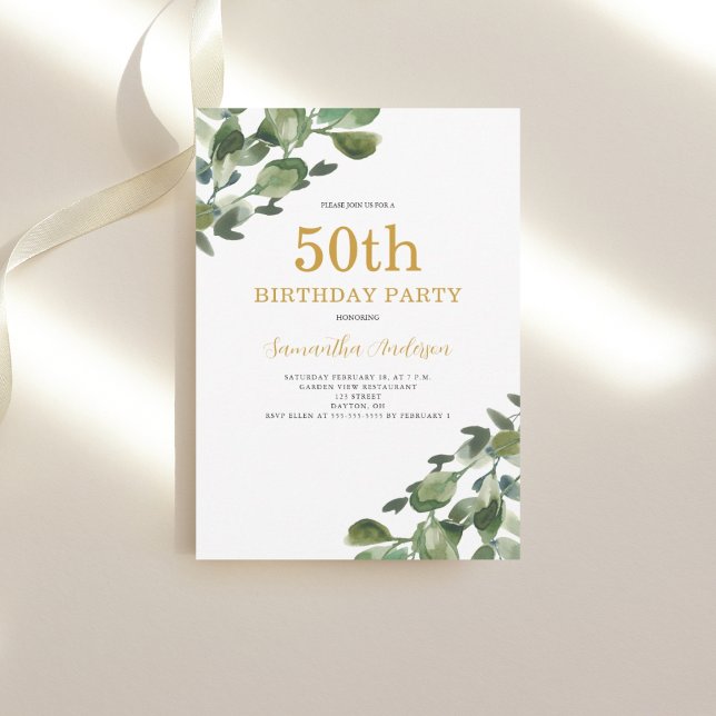 Invitation 50e anniversaire Eucalyptus Aquarelle d'or Script (Créateur téléchargé)