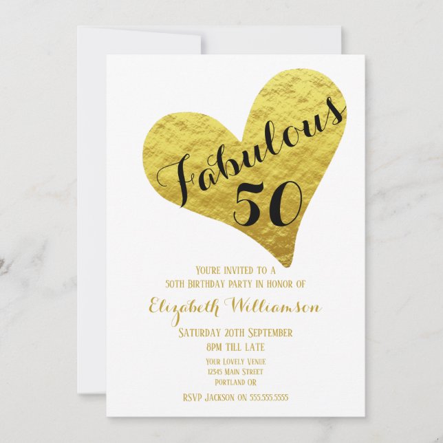 Invitation 50e anniversaire Fabuleux 50 Blanc| Faux Gold Hear (Devant)