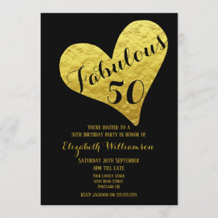 Invitation 50e anniversaire Fabuleux 50 Noir   Coeur Or Faux
