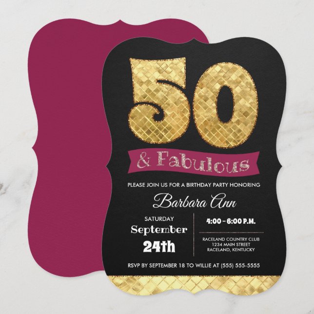 Invitation 50e anniversaire fabuleux or et rose cinquante (Devant / Derrière)