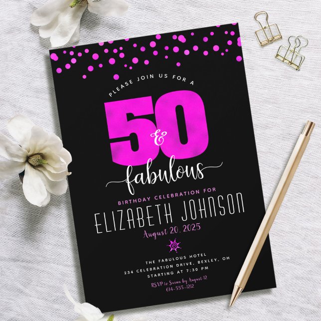 Invitation 50e anniversaire fabuleux points en feuille rose c (Créateur téléchargé)