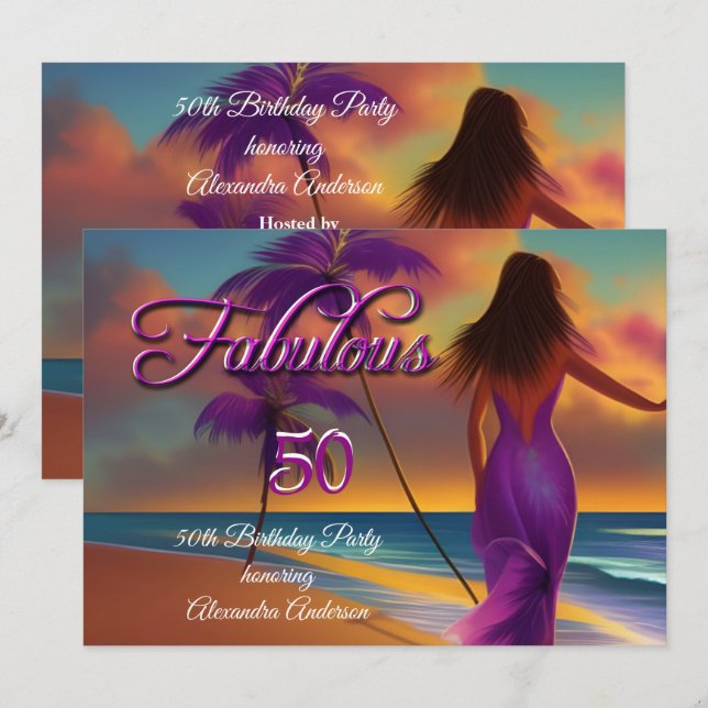 Invitation 50e anniversaire fabuleux violet plage océan or (Devant / Derrière)