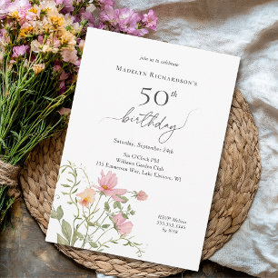Invitation 50e anniversaire Féminin Aquarelle Fleur sauvage