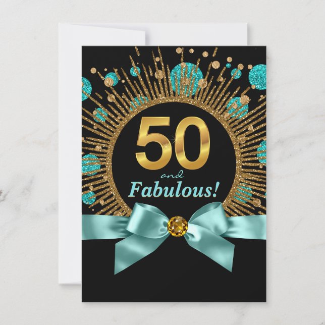 Invitation 50e Anniversaire Femme Bleu Sarcelle et Or (Devant)