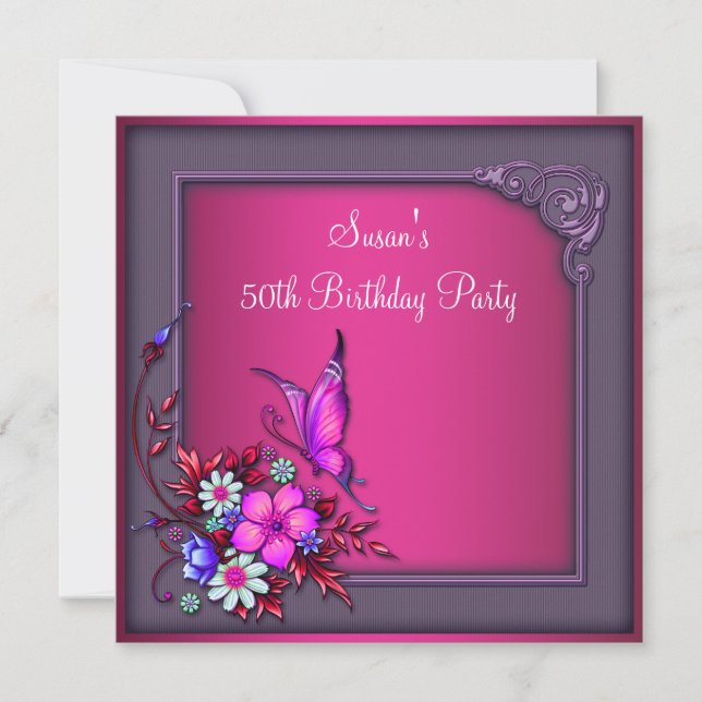 Invitation 50e anniversaire femme Papillon floral rose violet (Devant)