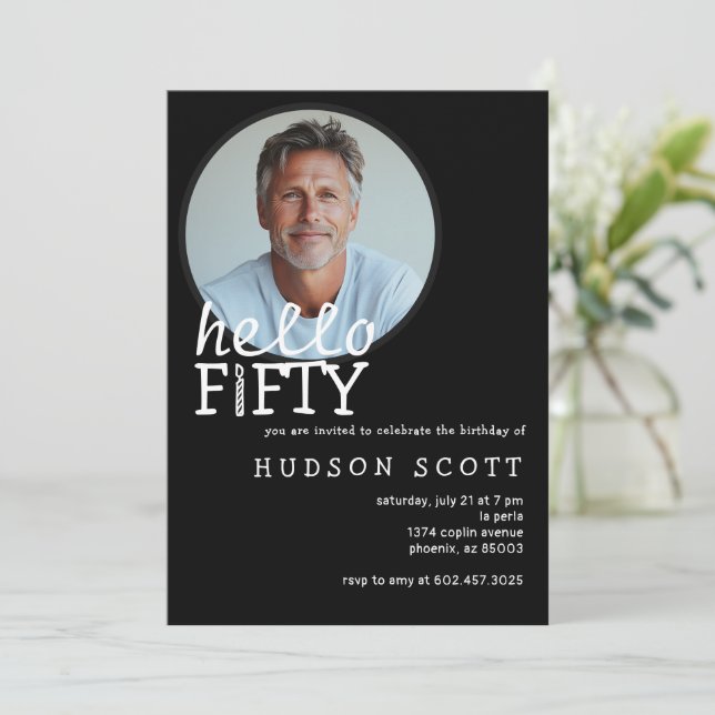 Invitation 50e Anniversaire Fête Bonjour Cinquante Photo Noir (Debout devant)