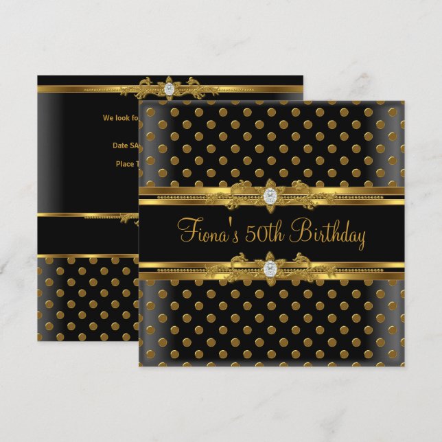 Invitation 50e anniversaire fête Elegant Gold Spot Black Jewe (Devant / Derrière)