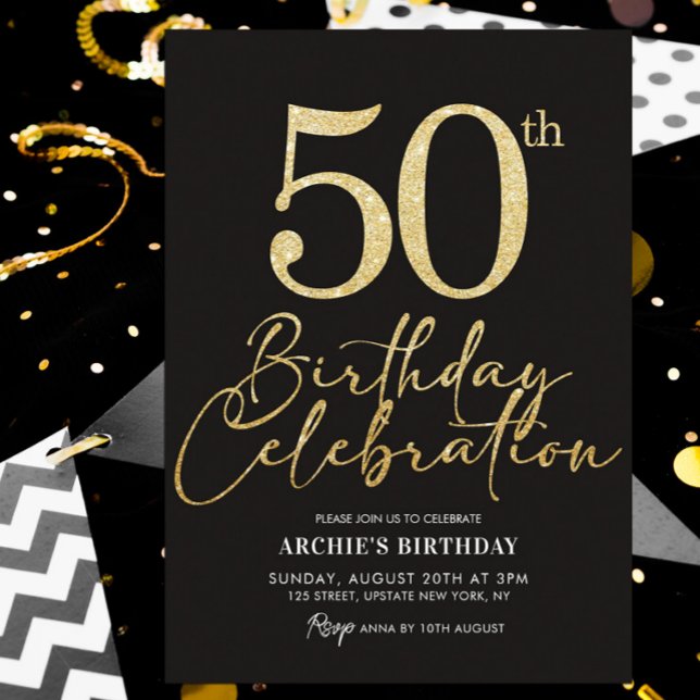 Invitation 50e anniversaire fête Elégante Parties scintillant (50th birthday invitation black and gold glitter template)