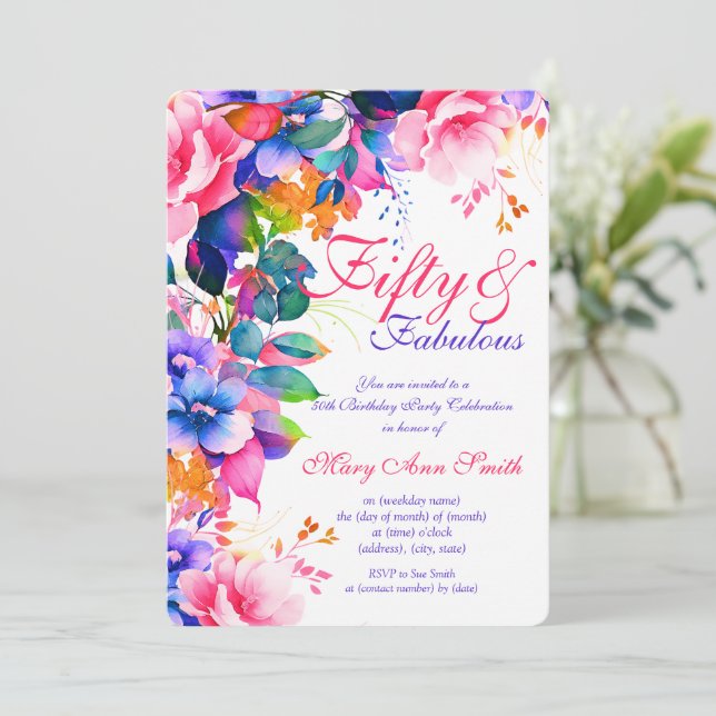 Invitation 50e anniversaire fête joli jardin fleuri (Debout devant)