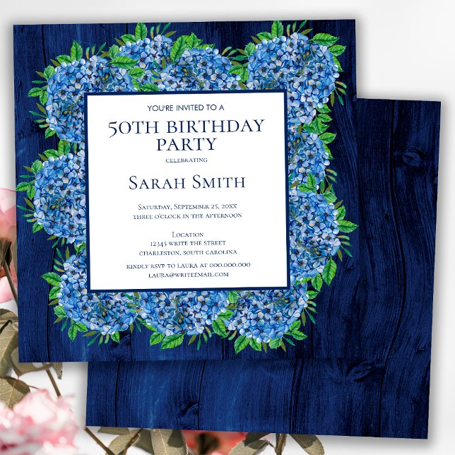 Invitation 50e Anniversaire Fête Rustique Bois Hydrangeas Ble (Créateur téléchargé)