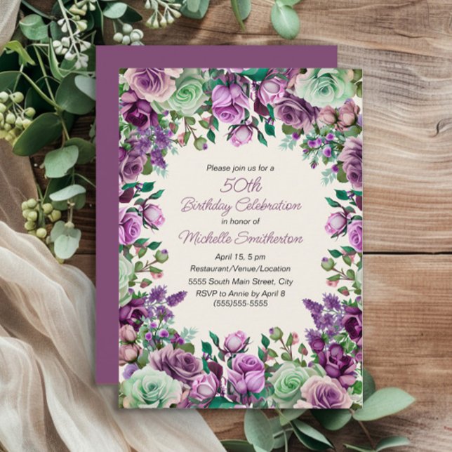 Invitation 50e Anniversaire Fleurs Aquarelle Vert  (Purple floral and mint green leaves 50th birthday invitation)