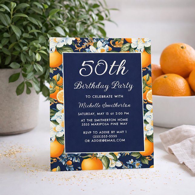 Invitation 50e anniversaire Fleurs blanches Orange (Oranges on navy blue 50th birthday invitation)