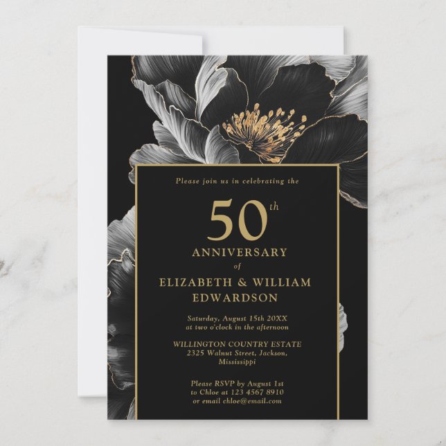 Invitation 50e Anniversaire Floral Élégant Noir Et Or (Devant)