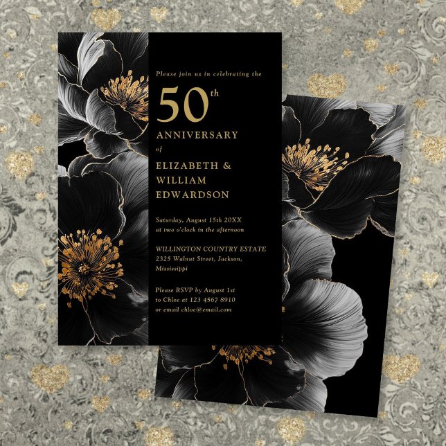 Invitation 50e Anniversaire Floral Élégant Noir Et Or (Black And Gold Elegant Floral 50th Anniversary Invitation)