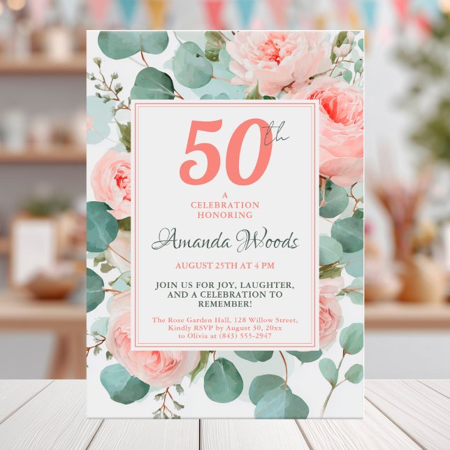 Invitation 50e anniversaire floral floue avec roses et verdur (Créateur téléchargé)