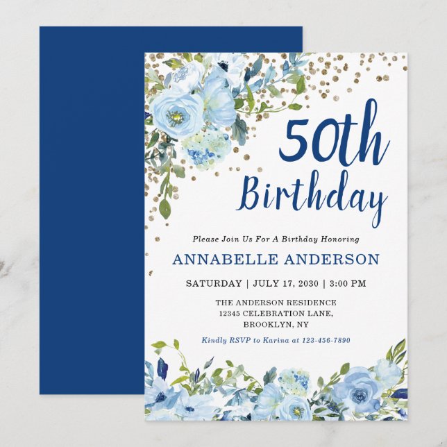 Invitation 50e anniversaire Floral Navy Blue Gold Parties sci (Devant / Derrière)