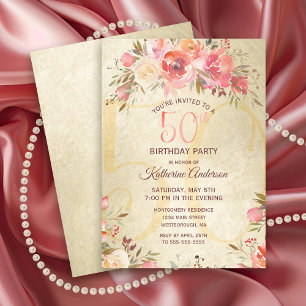 Invitation 50e anniversaire Floral rose Roses Gold Shimmer Pa
