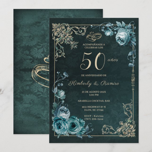 Invitation 50e Anniversaire Floral Vintage (Devant / Derrière)