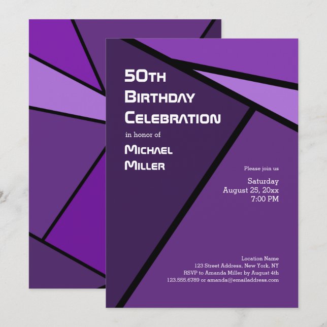 Invitation 50e anniversaire Formes géométriques violettes mod (Devant / Derrière)