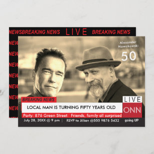 Invitation 50e anniversaire Funny TV News Arnold Schwarzenegg