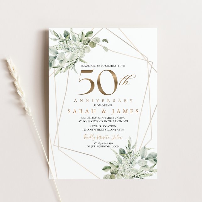 Invitation 50e anniversaire géométrique Eucalyptus (Eucalyptus Gold Geometric 50th Anniversary Invitation)