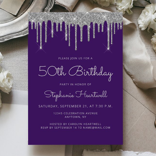 Invitation 50e anniversaire Glam Purple Silver Glitter Drip (Créateur téléchargé)