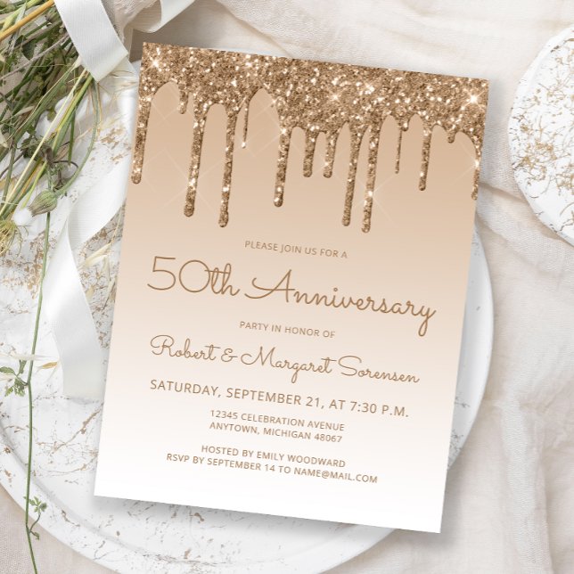 Invitation 50e Anniversaire Glitter Drip Or (Créateur téléchargé)