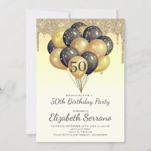 Invitation 50e anniversaire Gold Black Balloons Parties scint