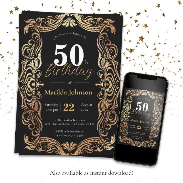 Invitation 50e anniversaire Gold Black Boho Glamour Vintage (50th Birthday Gold Black Boho Glamorous Vintage Invitation
)